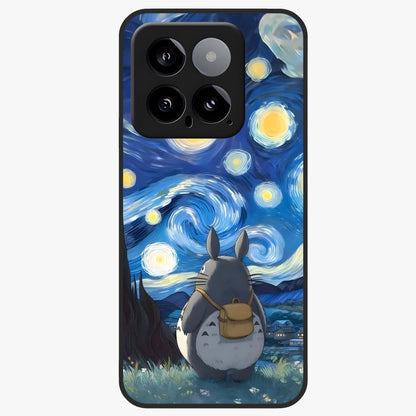 Totoro In Van Gogh Art Glass Case showing flat back view with whimsical character artwork inspired by Van Gogh style and glossy glass finish.