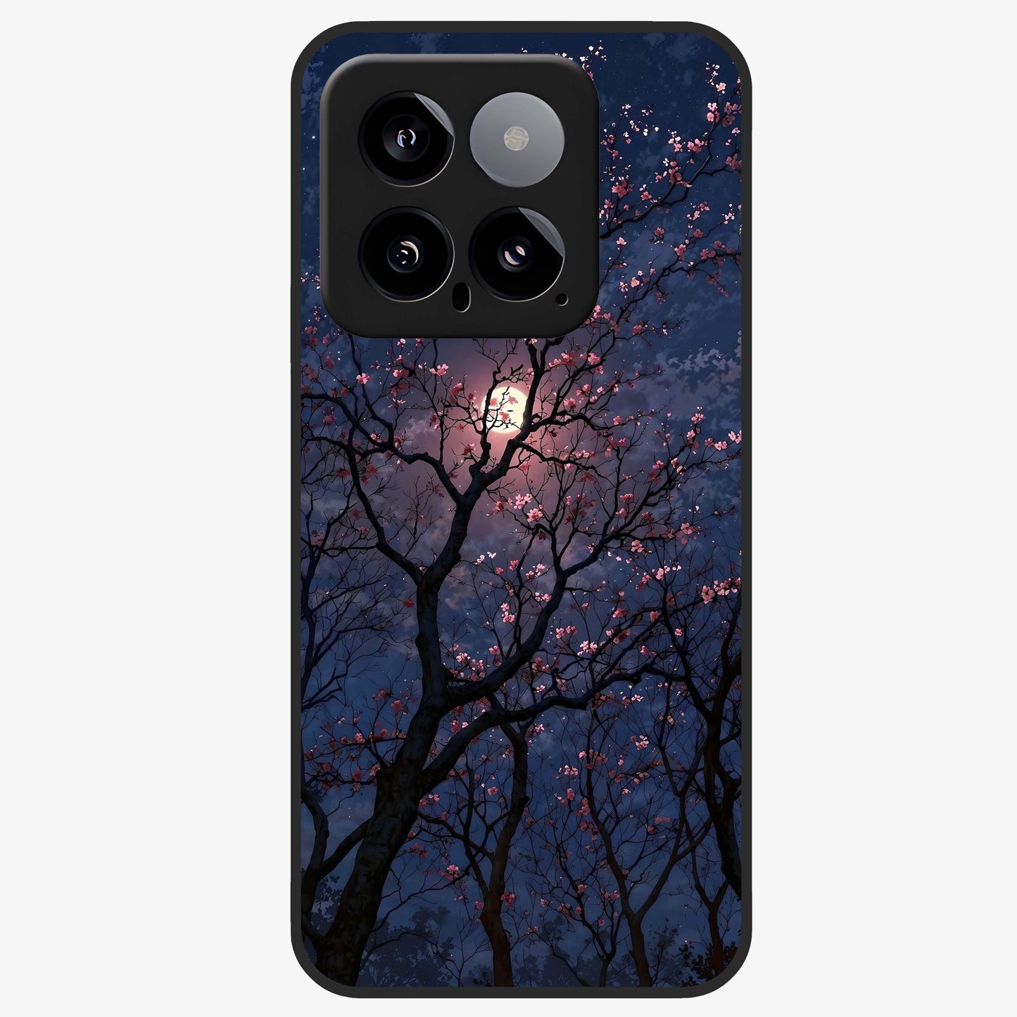 Twilight Sakura Serenade Glass Case showing flat back view with cherry blossom artwork at twilight and glossy glass finish.