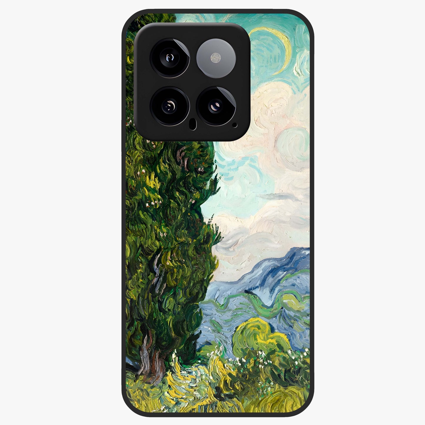 Van Gogh Vintage Art Glass Case showing flat back view with vintage painterly artwork inspired by Van Gogh style and glossy glass finish.