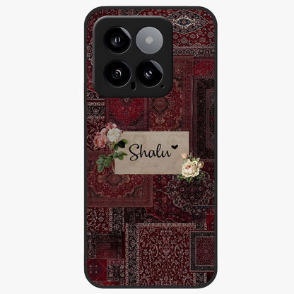 Velvet Wine Pattern Custom Name Glass Case showing flat back view with elegant wine colored pattern artwork and personalized name design.