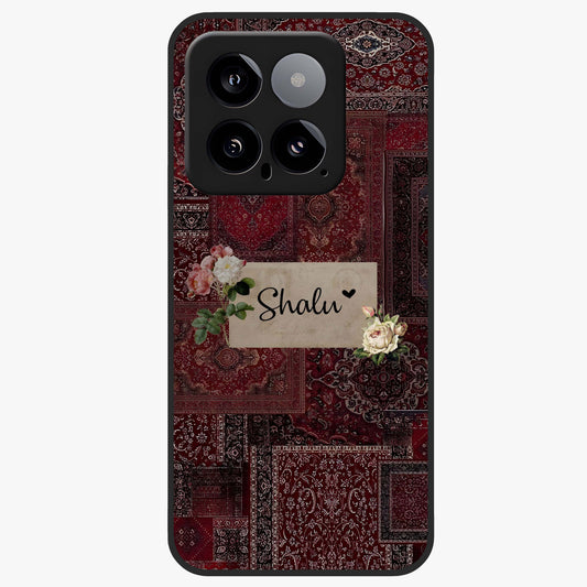 Velvet Wine Pattern Custom Name Glass Case showing flat back view with elegant wine colored pattern artwork and personalized name design.