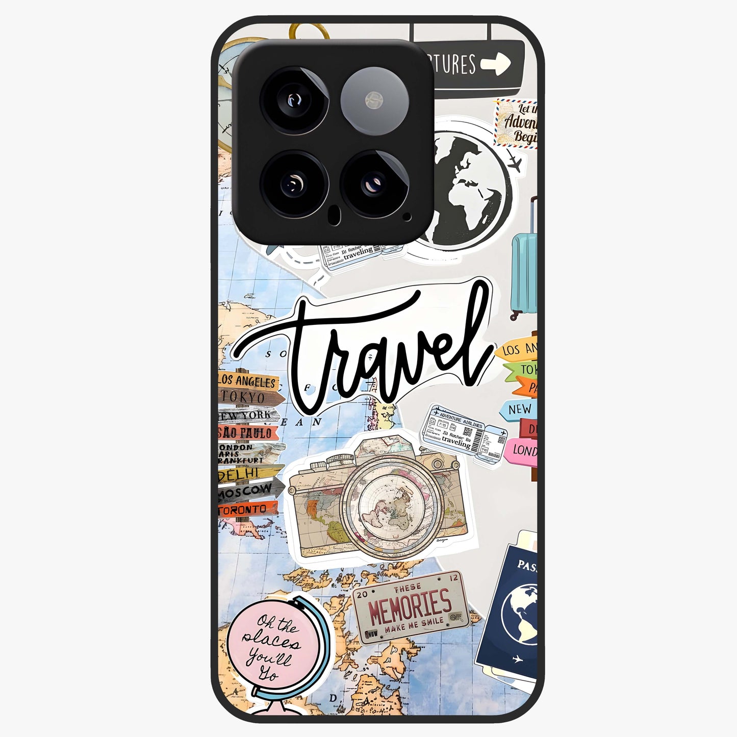 Wanderlust Journal Glass Case showing flat back view with travel inspired artwork and glossy glass finish.