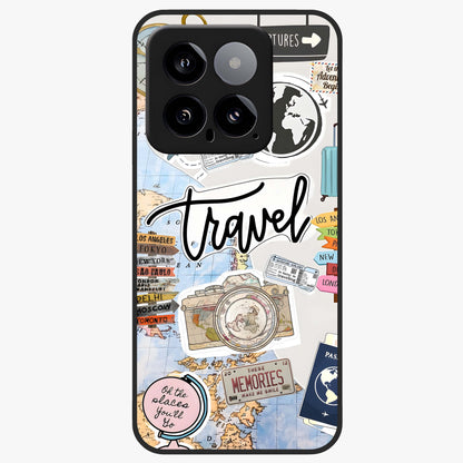 Wanderlust Journal Glass Case showing flat back view with travel inspired artwork and glossy glass finish.