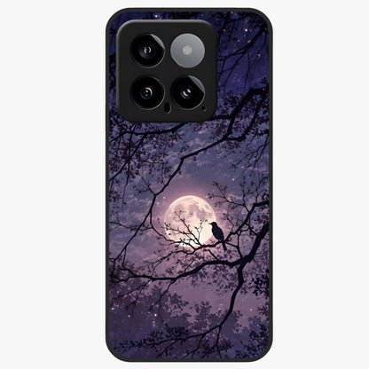 Whispering Moon Silence Glass Case showing flat back view with serene moon themed artwork and glossy glass finish.