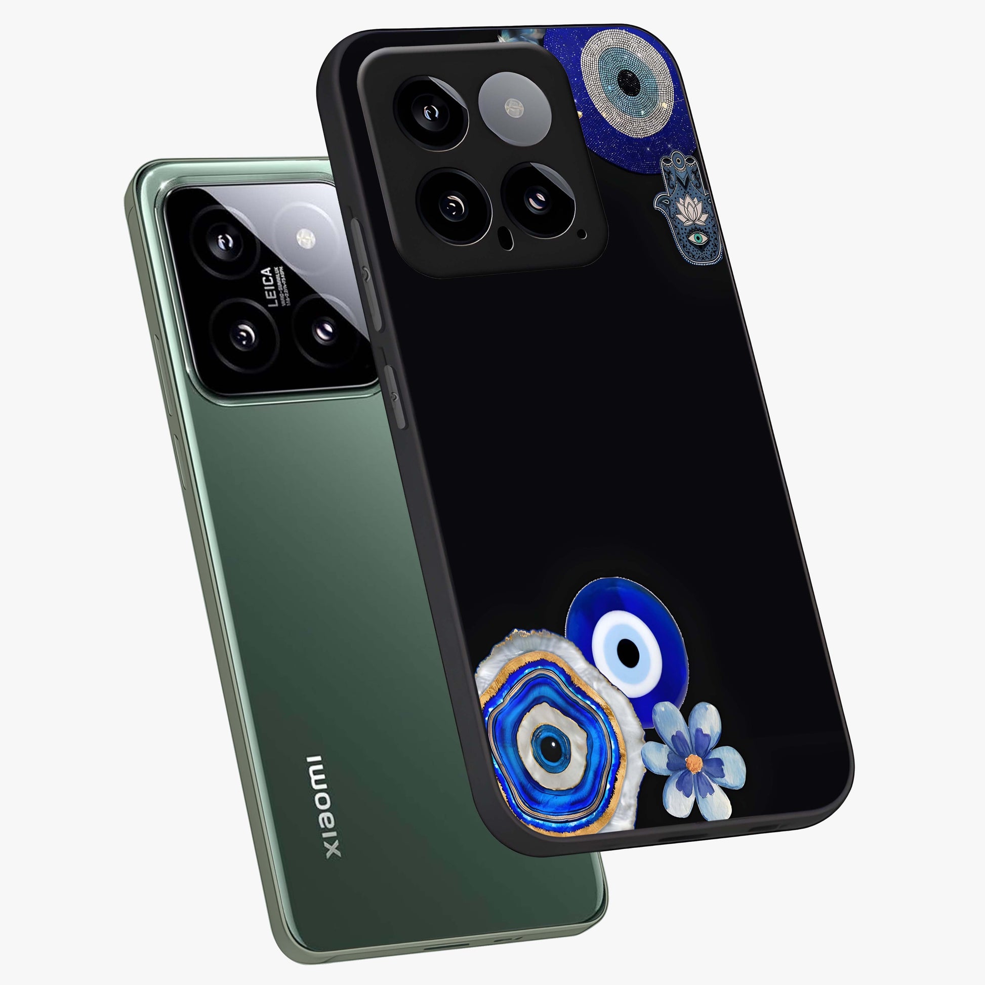 Aesthetic Blue Evil Eye Glass Case displayed in angled mockup highlighting blue evil eye symbol and spiritual aesthetic design.