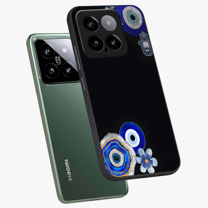Aesthetic Blue Evil Eye Glass Case displayed in angled mockup highlighting blue evil eye symbol and spiritual aesthetic design.