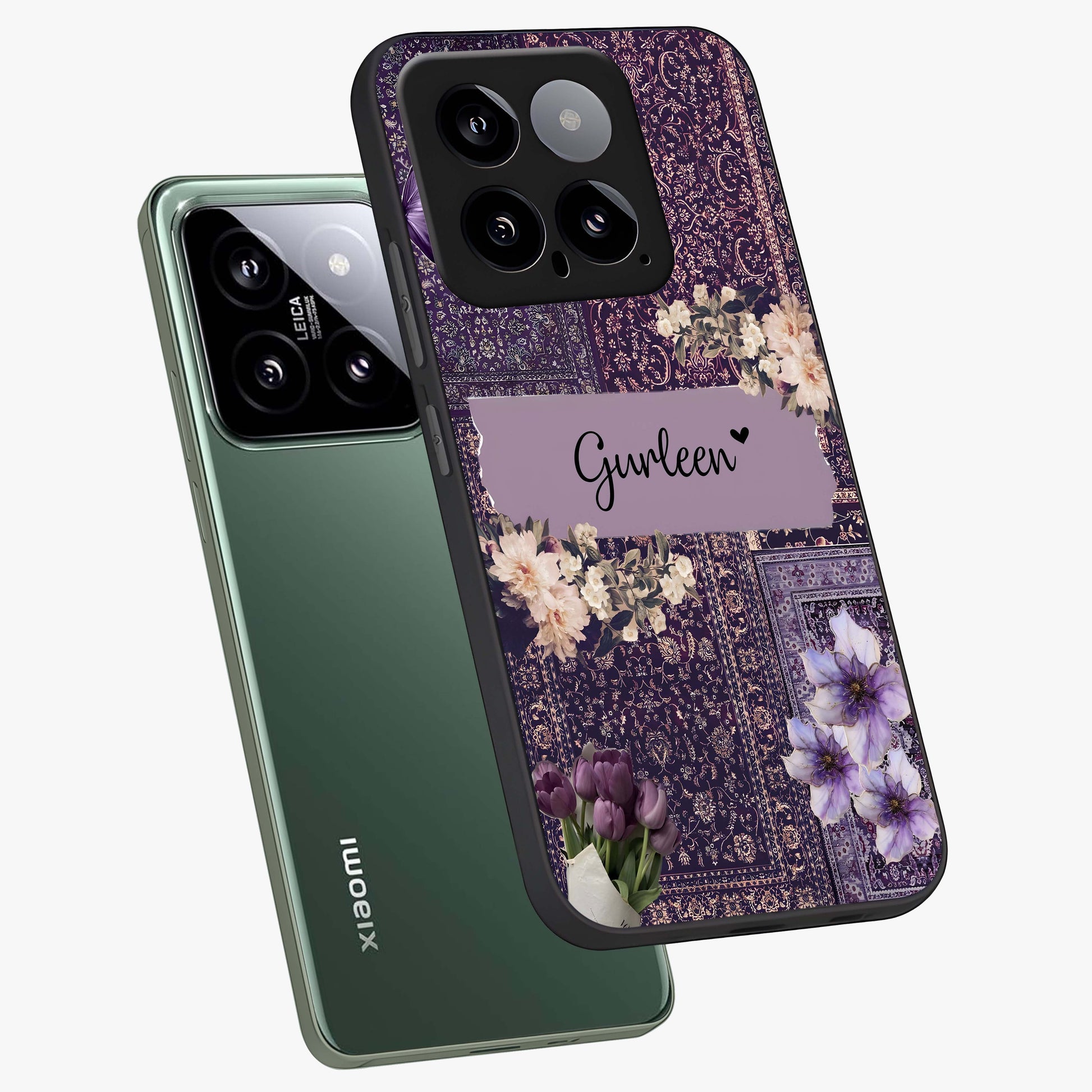 Antique Floral Whisper Custom Name Glass Case displayed in angled mockup highlighting elegant antique floral aesthetic.