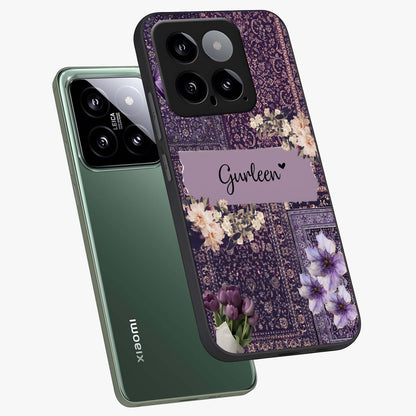 Antique Floral Whisper Custom Name Glass Case displayed in angled mockup highlighting elegant antique floral aesthetic.