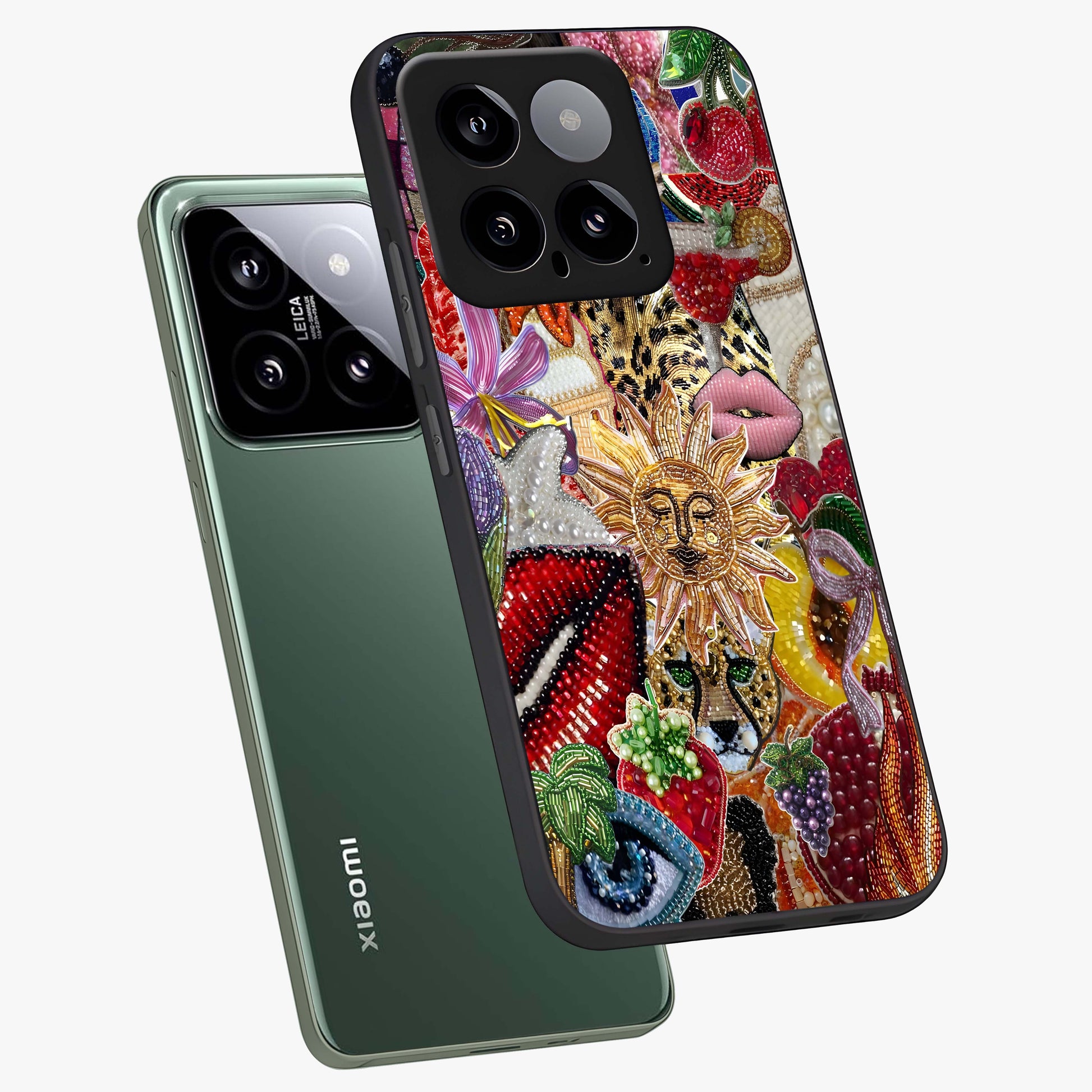 Beaded Fashion Jungle Glass Case displayed in angled mockup highlighting colorful fashion bead design and artistic pattern.