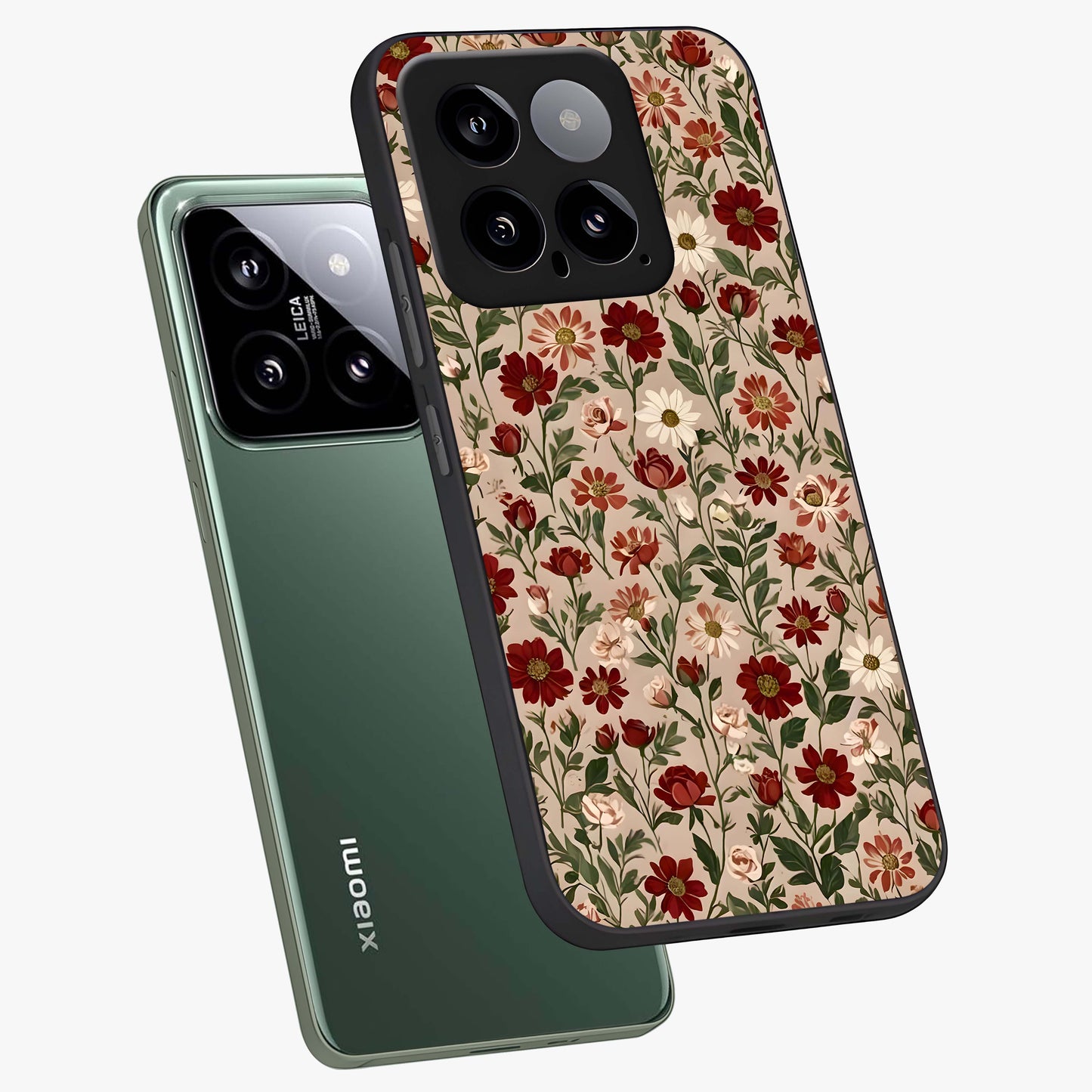 Biege Flower With Leaf Glass Case displayed in angled mockup highlighting minimal floral leaf design and elegant aesthetic.