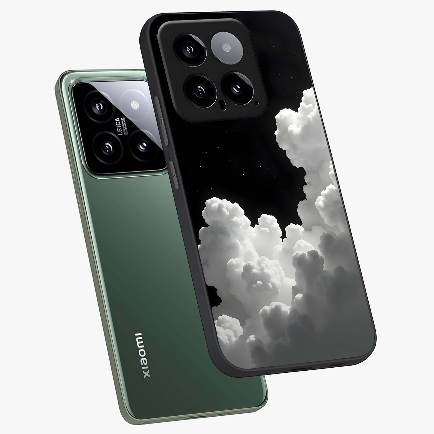 Black Background With White Cloud Glass Case displayed in angled mockup highlighting soft white cloud illustration and minimal design.
