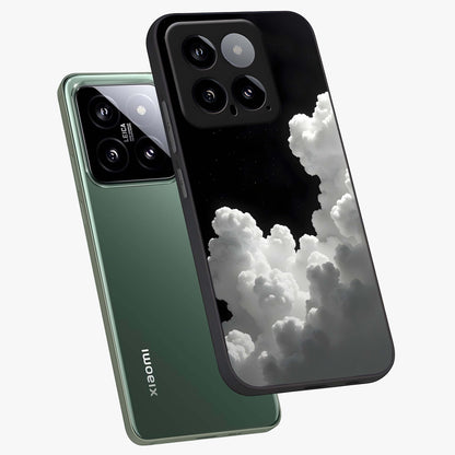 Black Background With White Cloud Glass Case displayed in angled mockup highlighting soft white cloud illustration and minimal design.