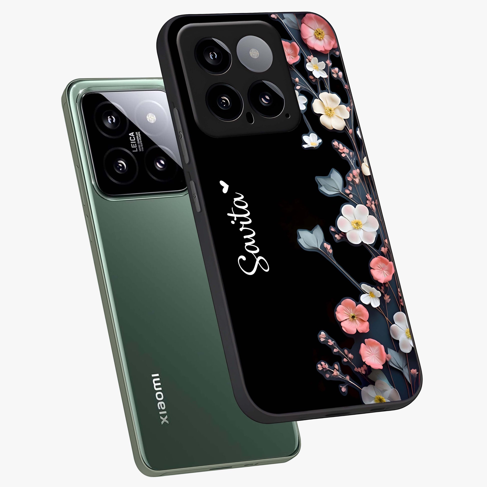 Black Elegance Floral Custom Name Glass Case displayed in angled mockup highlighting dark floral aesthetic and custom name feature.
