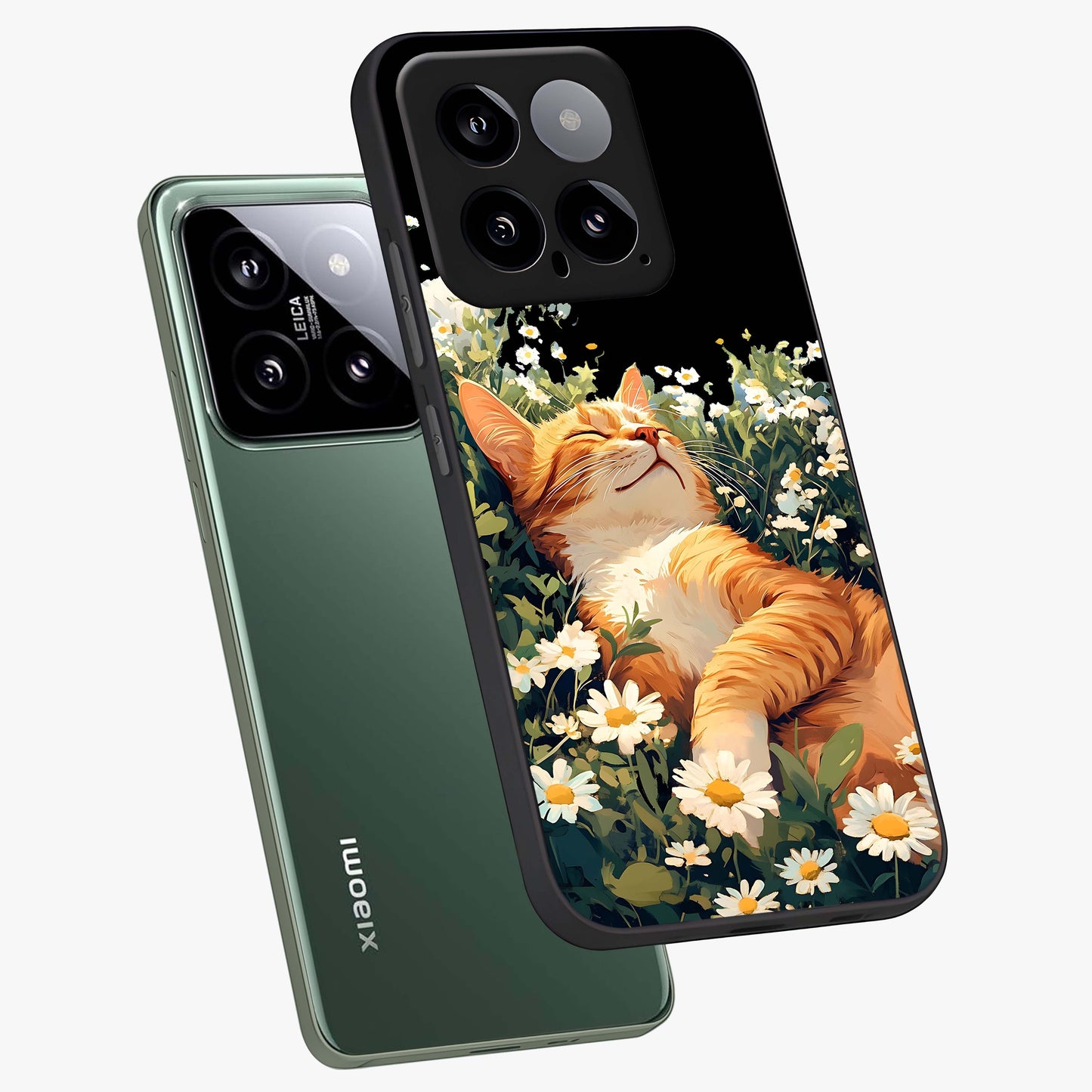 Blissful Bloom Cat Glass Case displayed in angled mockup highlighting playful feline illustration with soft floral aesthetic.