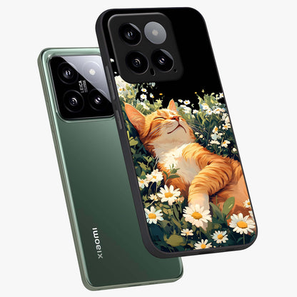 Blissful Bloom Cat Glass Case displayed in angled mockup highlighting playful feline illustration with soft floral aesthetic.