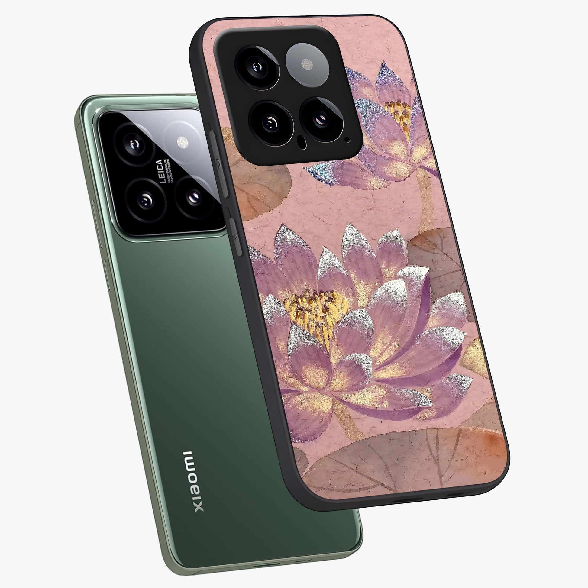 Blossom Mist Lotus Glass Case displayed in angled mockup highlighting delicate lotus illustration with calm aesthetic theme.