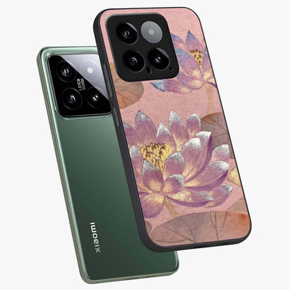 Blossom Mist Lotus Glass Case displayed in angled mockup highlighting delicate lotus illustration with calm aesthetic theme.