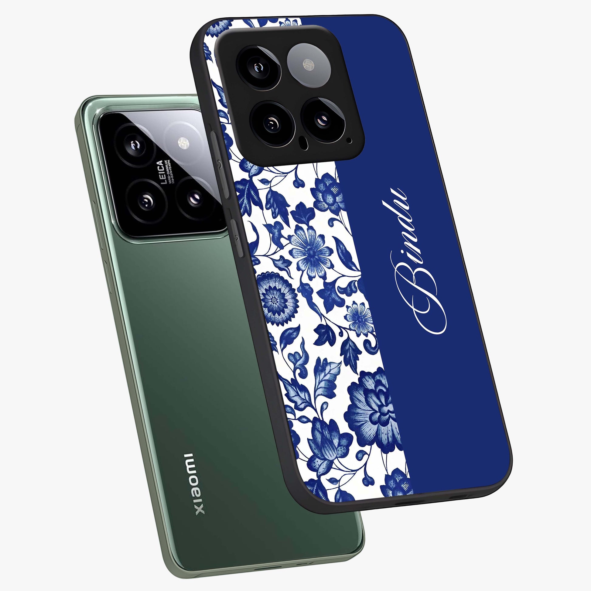 Blue Vintage Floral Pattern Glass Case displayed in angled mockup highlighting subtle bloom pattern with aesthetic pastel design.