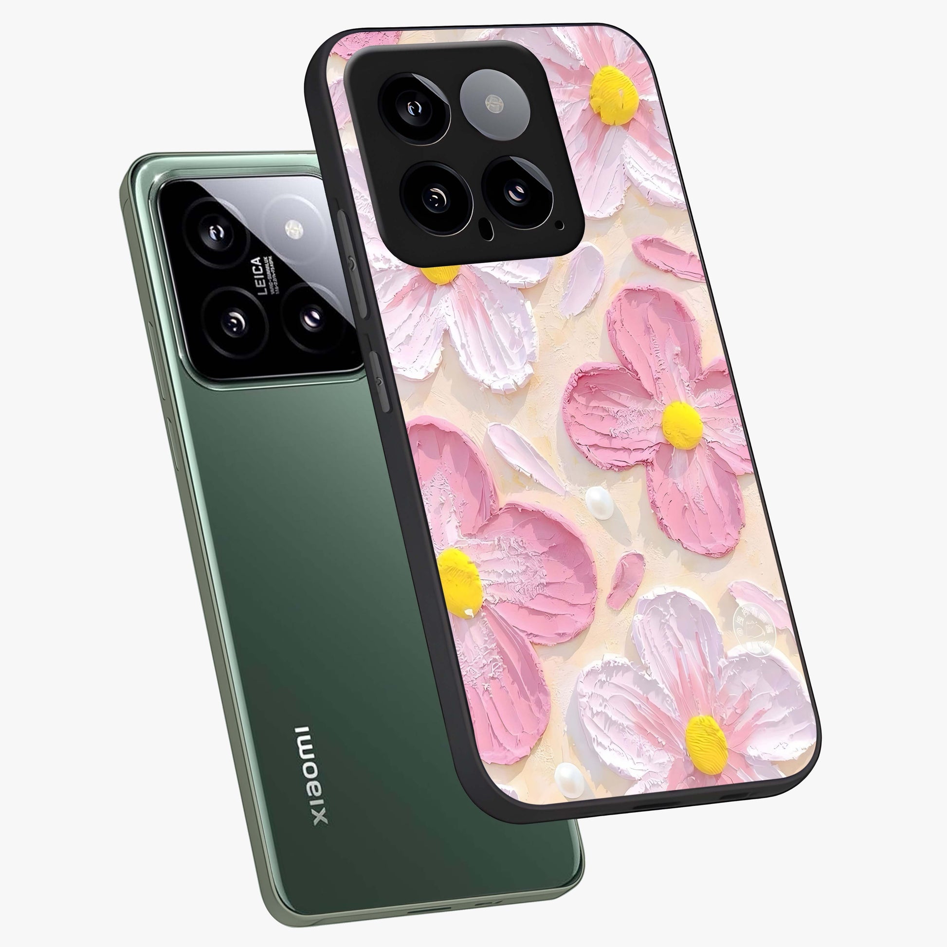 Blush Bloom Texture Glass Case displayed in angled mockup highlighting subtle bloom pattern with aesthetic pastel design.