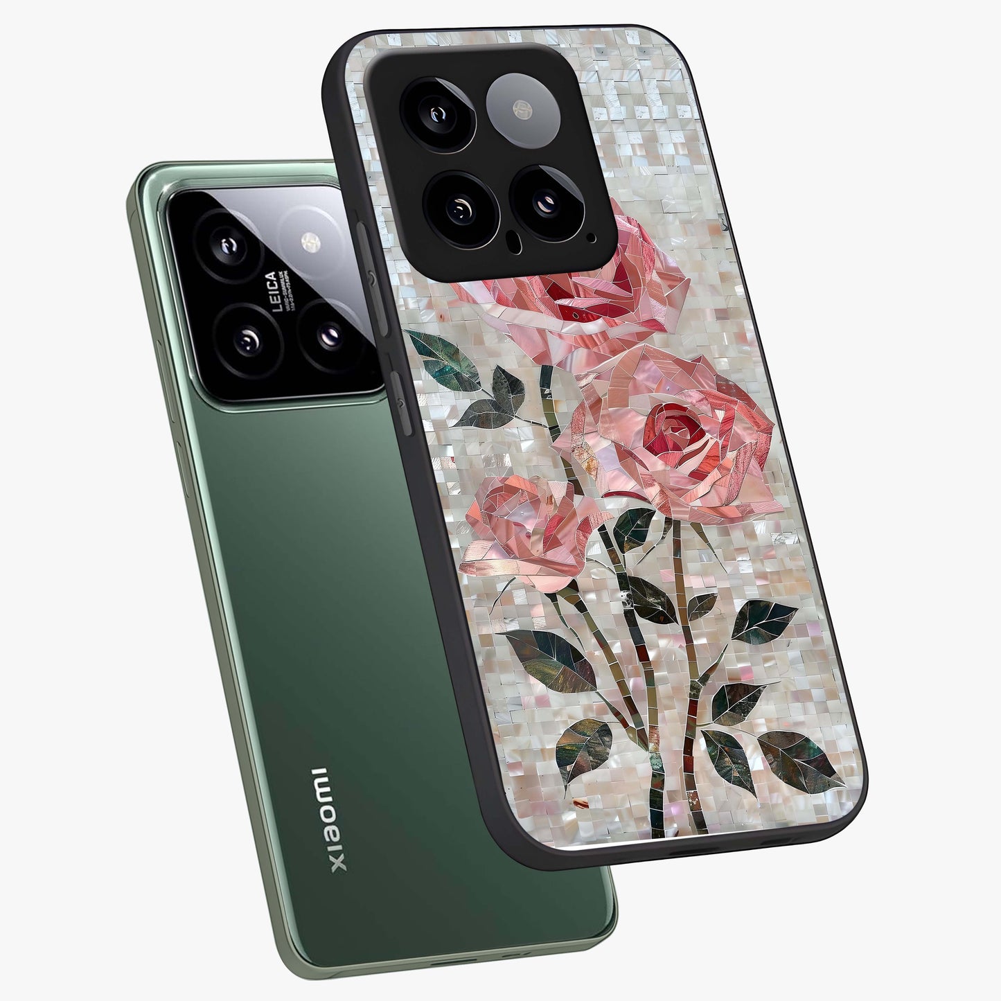 Blush Mosaic Bloom Glass Case displayed in angled mockup highlighting artistic mosaic flower pattern with aesthetic design.