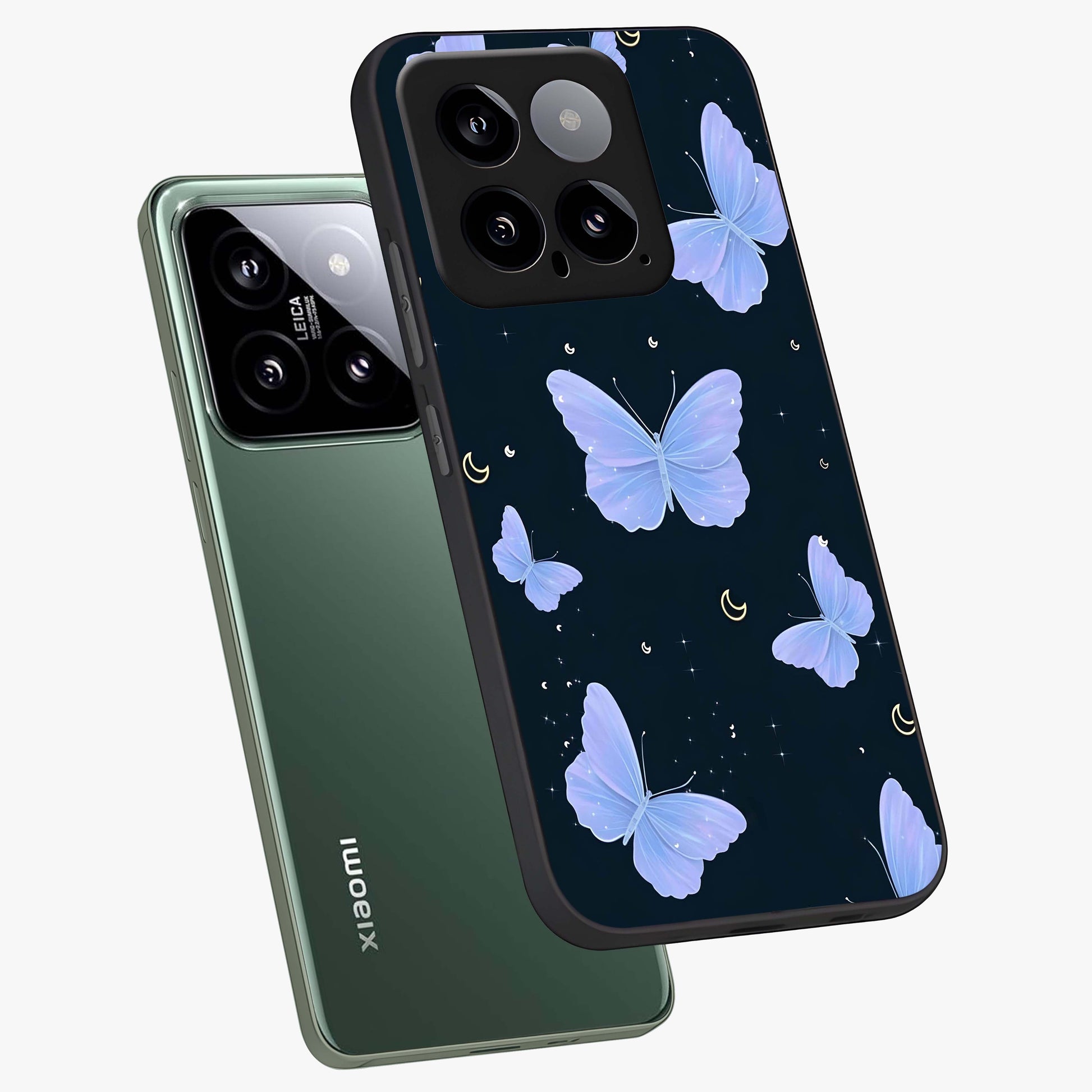 Butterfly With Stars Pattern Glass Case displayed in angled mockup highlighting dreamy butterfly and star design with aesthetic theme.