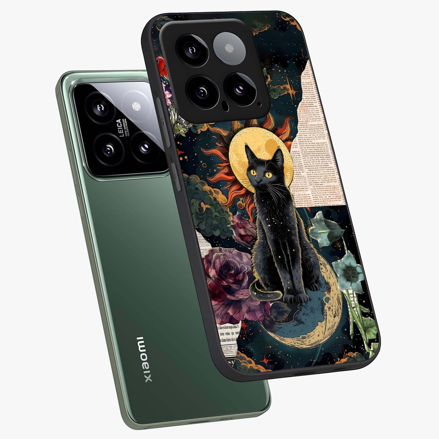 Celestial Black Cat Glass Case displayed in angled mockup highlighting cosmic black cat design with celestial aesthetic.