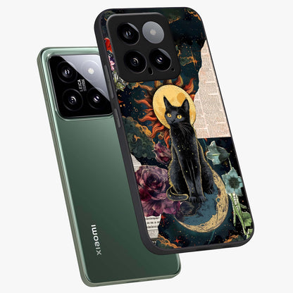 Celestial Black Cat Glass Case displayed in angled mockup highlighting cosmic black cat design with celestial aesthetic.