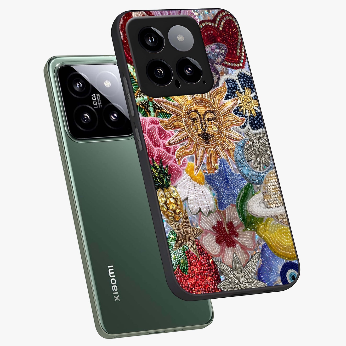 Celestial Floral and Playful Glass Case displayed in angled mockup highlighting playful floral design with dreamy celestial elements.