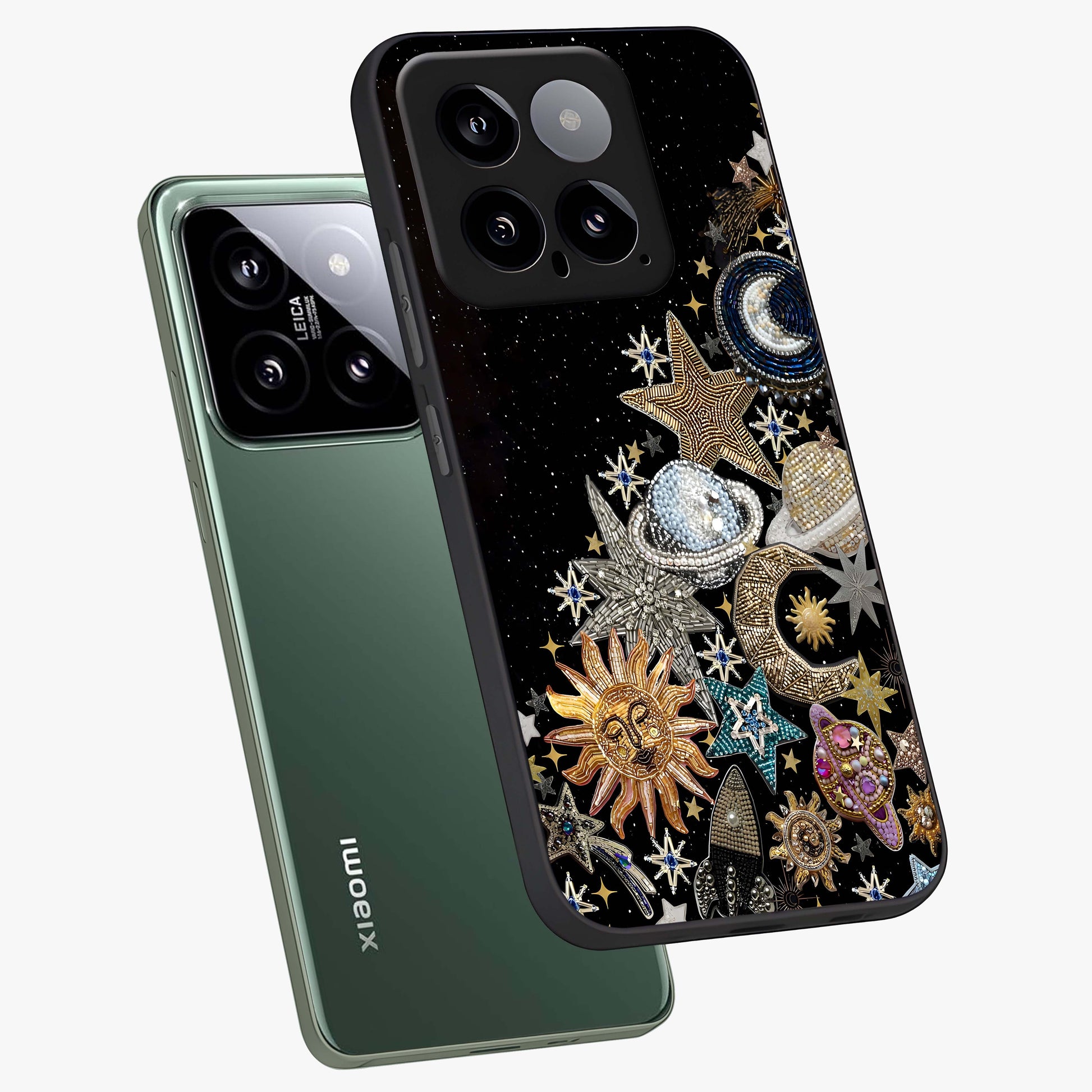 Cosmic Sparkle Dreams Glass Case displayed in angled mockup highlighting dreamy star sparkle design with celestial aesthetic.