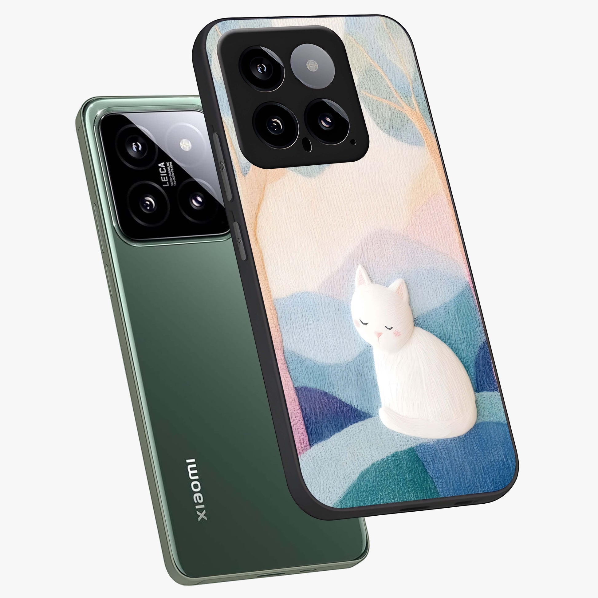 Cotton Dream Cat Glass Case displayed in angled mockup highlighting cute feline illustration with pastel aesthetic style.