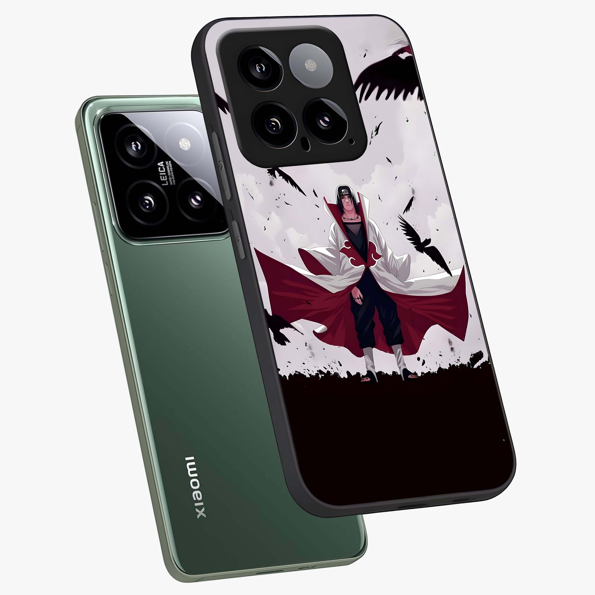 Crimson Crow Ascension Glass Case displayed in angled mockup highlighting powerful crow illustration with dark crimson aesthetic.