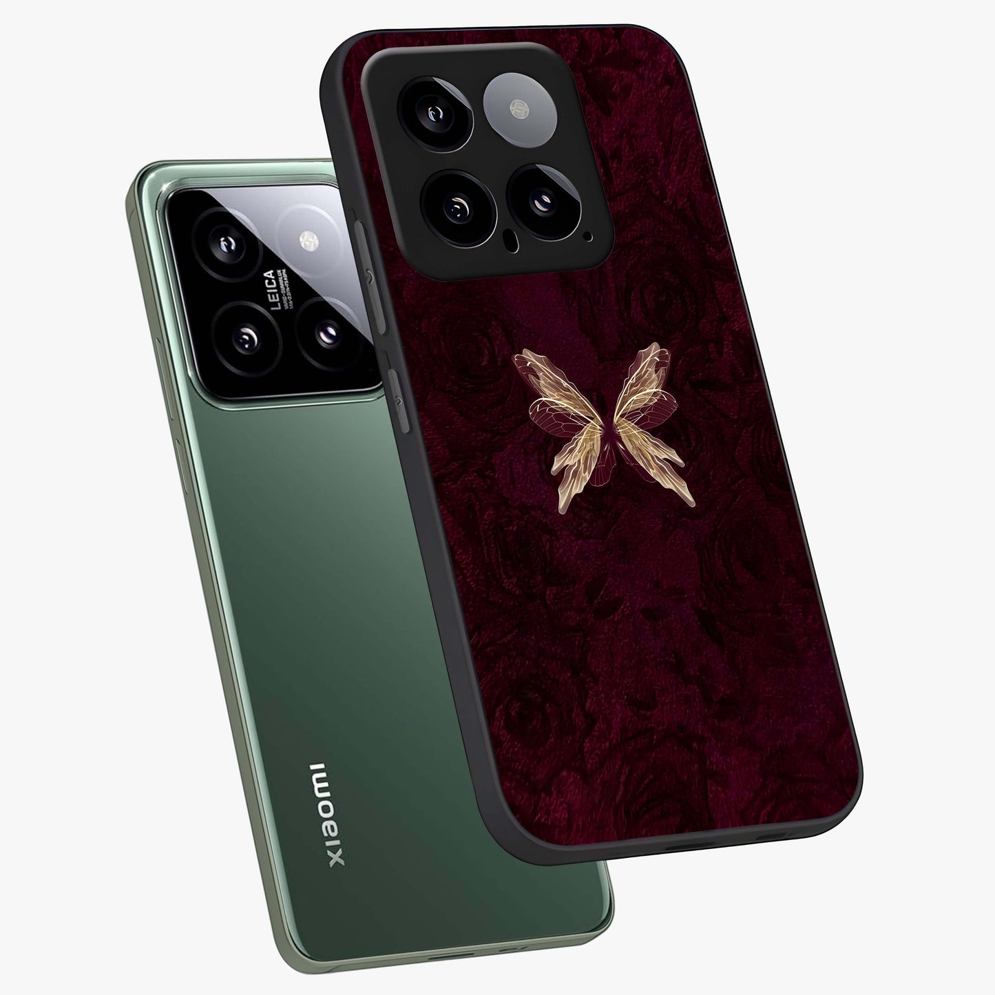 Crimson Fade Butterfly Glass Case displayed in angled mockup highlighting elegant butterfly design with crimson gradient aesthetic.