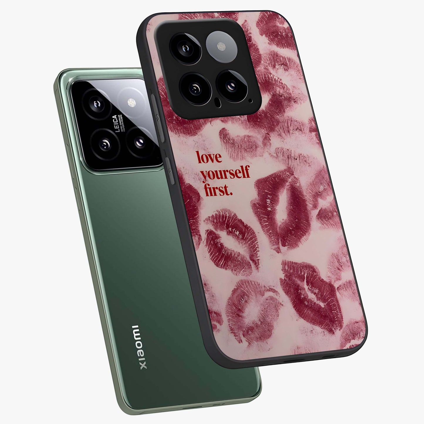Crimson Kiss Love Glass Case displayed in angled mockup highlighting bold love inspired design with modern aesthetic style.
