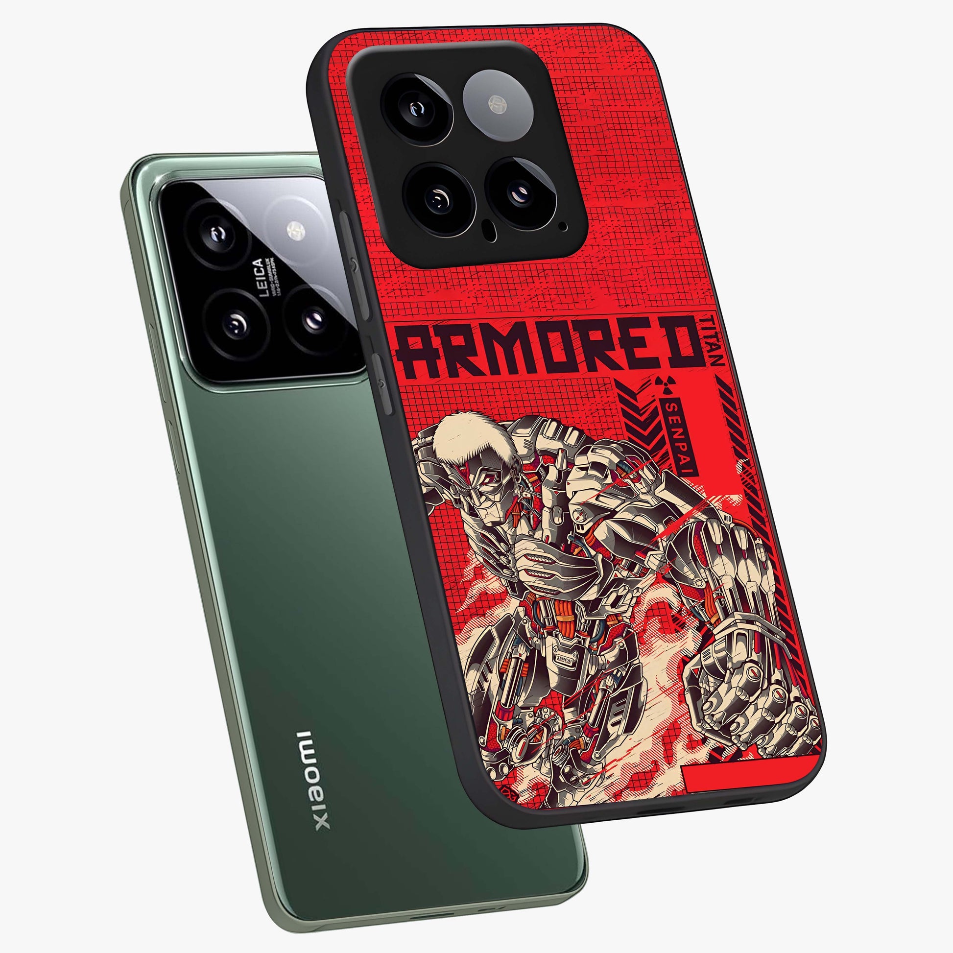 Crimson Mecha Titan Glass Case displayed in angled mockup highlighting futuristic mech illustration with bold crimson aesthetic.