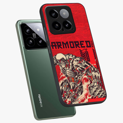 Crimson Mecha Titan Glass Case displayed in angled mockup highlighting futuristic mech illustration with bold crimson aesthetic.
