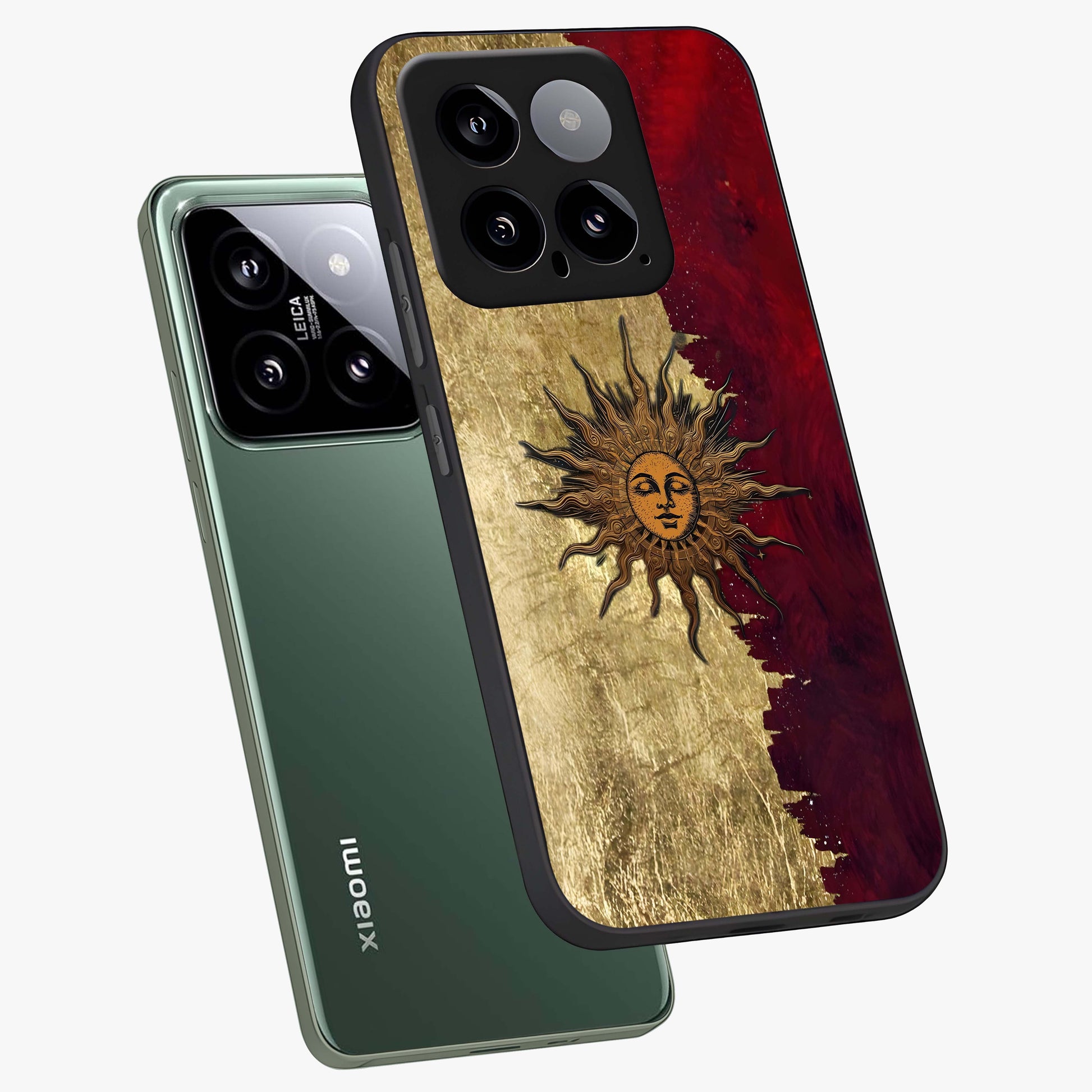 Crimson Sun Majesty Glass Case displayed in angled mockup highlighting majestic crimson sun design with bold aesthetic style.