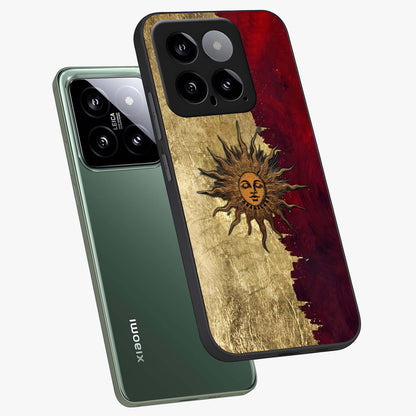 Crimson Sun Majesty Glass Case displayed in angled mockup highlighting majestic crimson sun design with bold aesthetic style.