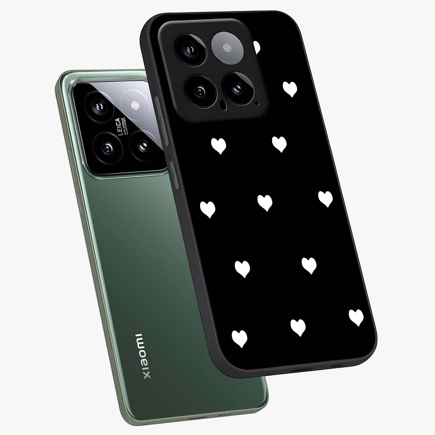 Cute And Simple White Hearts Glass Case displayed in angled mockup highlighting cute heart design with clean aesthetic style.