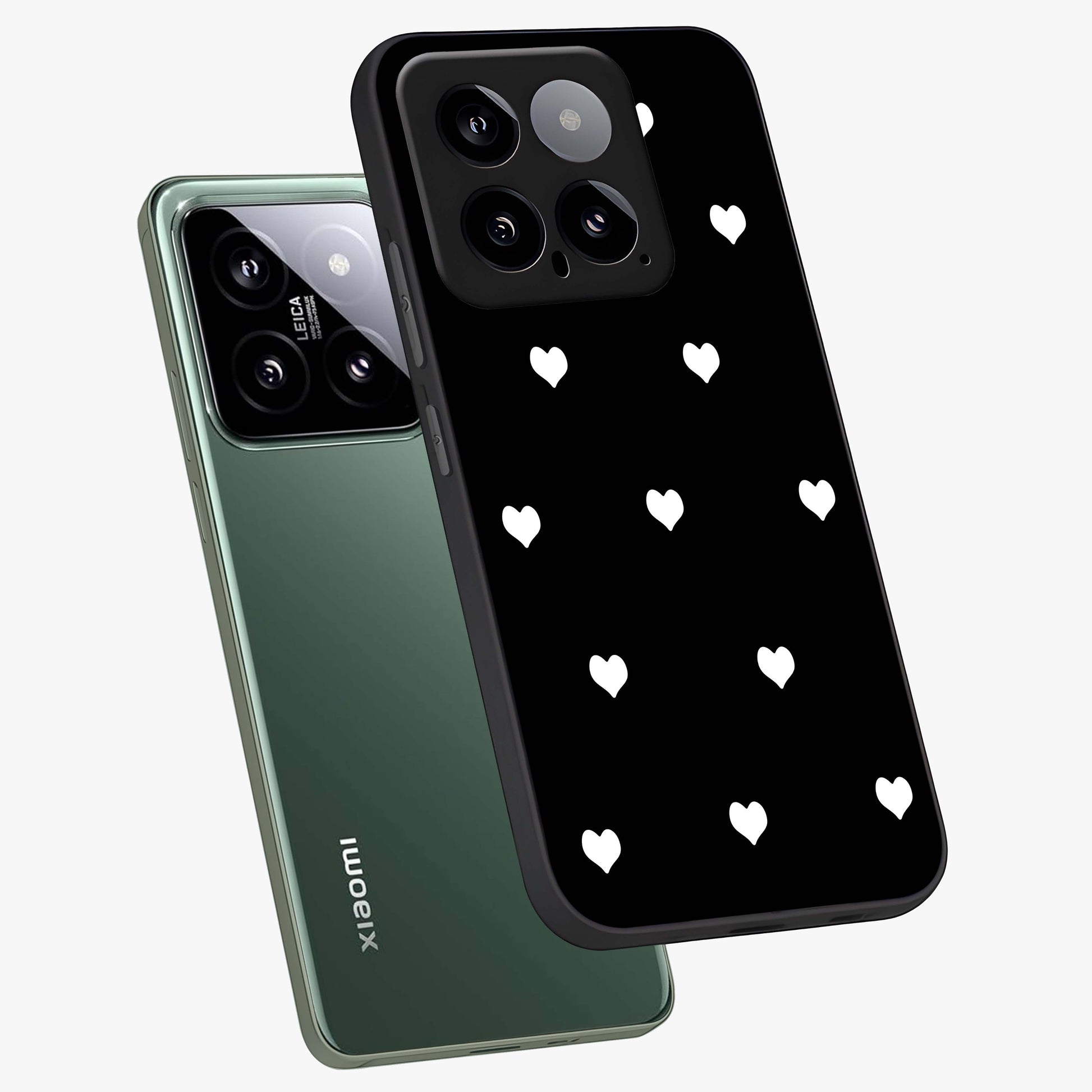 Cute And Simple White Hearts Glass Case displayed in angled mockup highlighting cute heart design with clean aesthetic style.