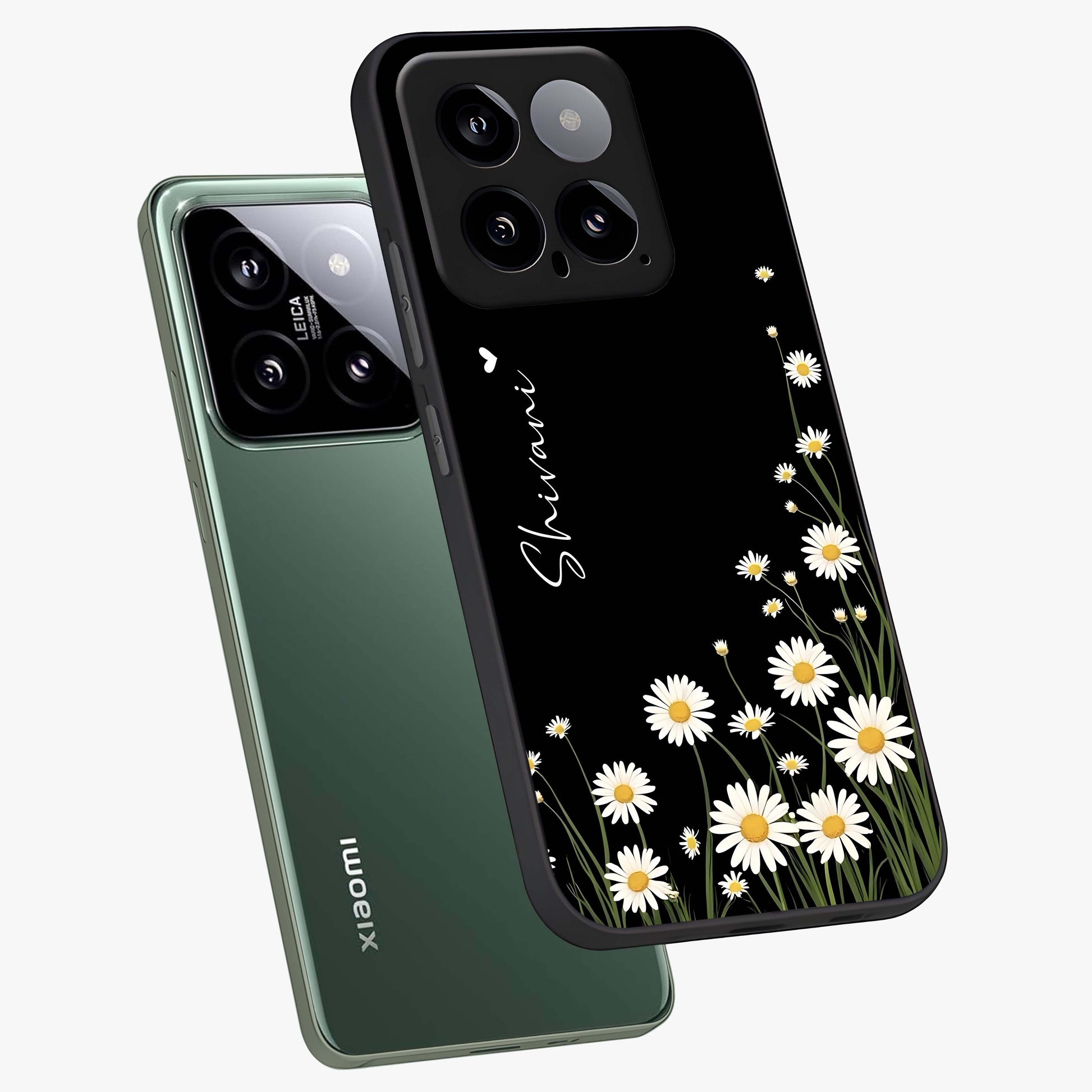 Daisy Cascade Custom Name Glass Case displayed in angled mockup highlighting delicate daisy artwork with custom name feature.