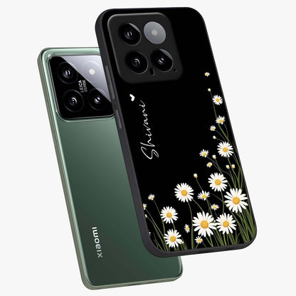 Daisy Cascade Custom Name Glass Case displayed in angled mockup highlighting delicate daisy artwork with custom name feature.