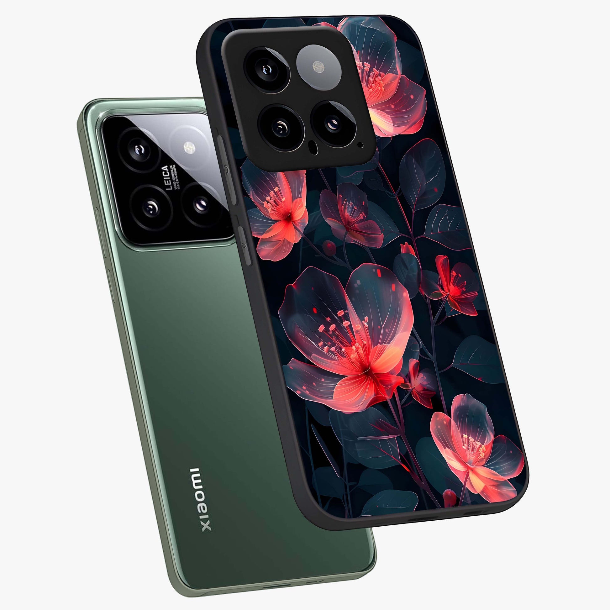 Dark Shade of Flower Glass Case displayed in angled mockup highlighting moody floral illustration with aesthetic dark tones.