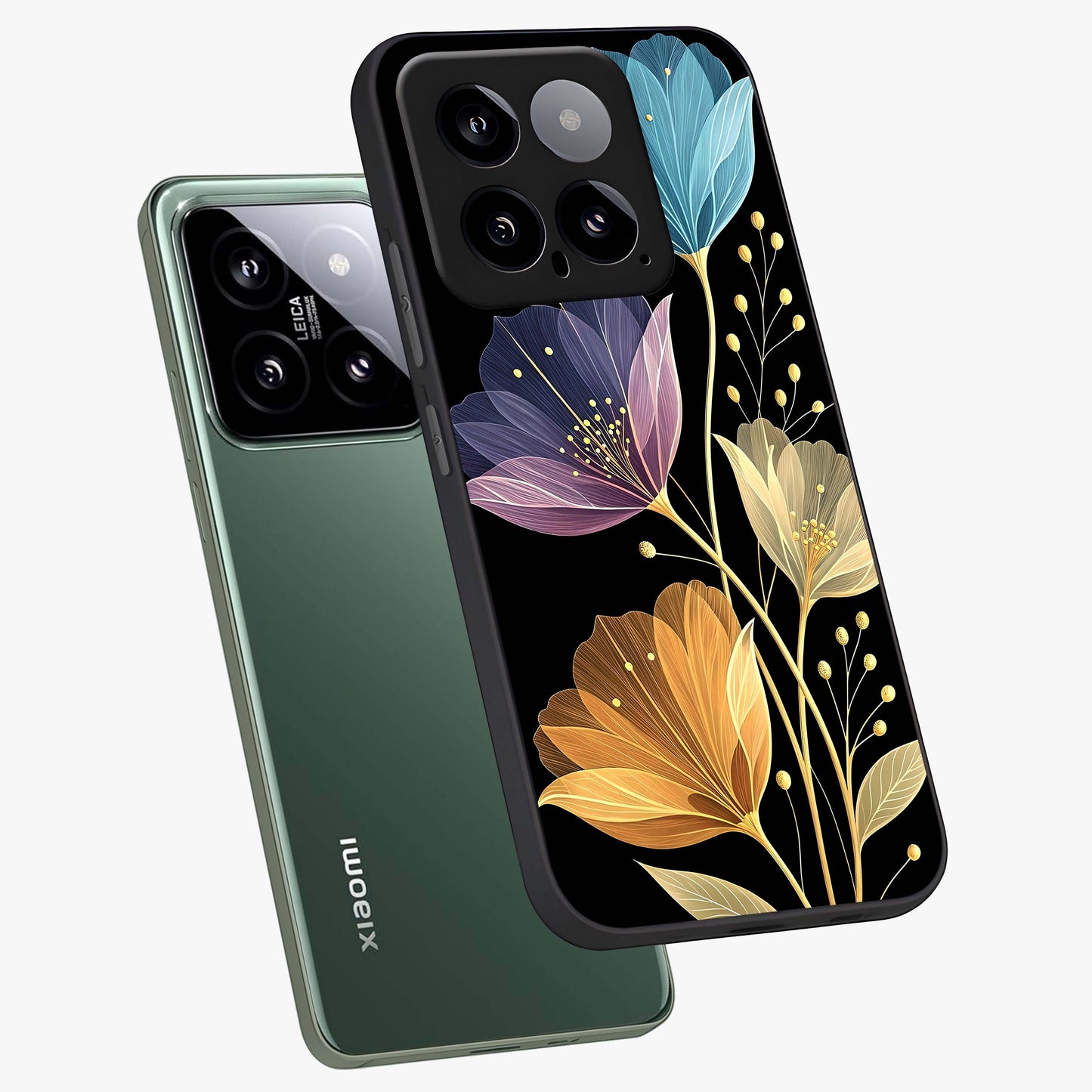 Delicate Multicolor Flowers Glass Case displayed in angled mockup highlighting colorful flower pattern with soft aesthetic style.