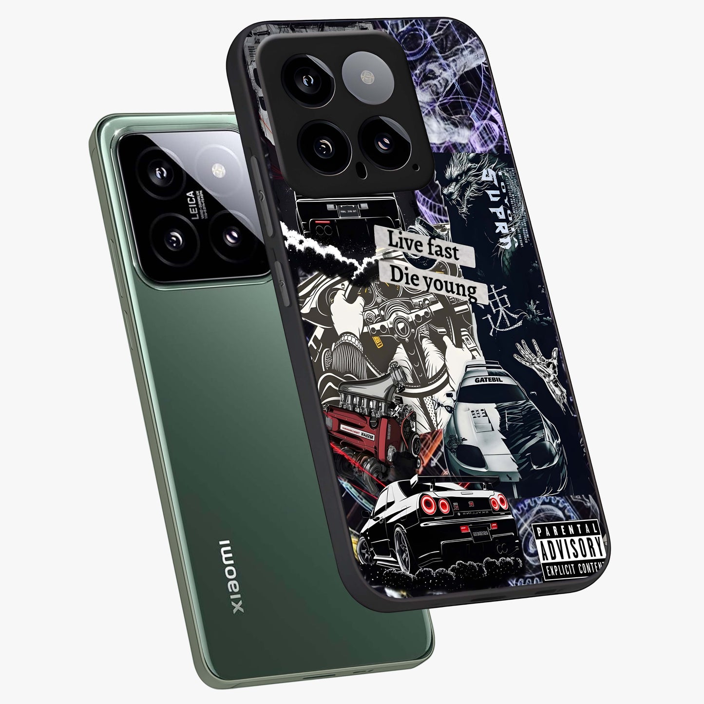 Die Young Glass Case displayed in angled mockup highlighting expressive graphic artwork with edgy aesthetic style.