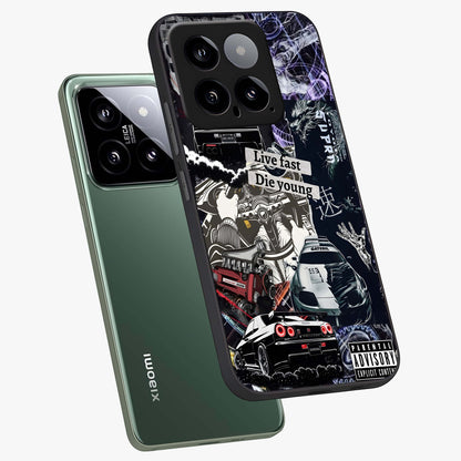 Die Young Glass Case displayed in angled mockup highlighting expressive graphic artwork with edgy aesthetic style.