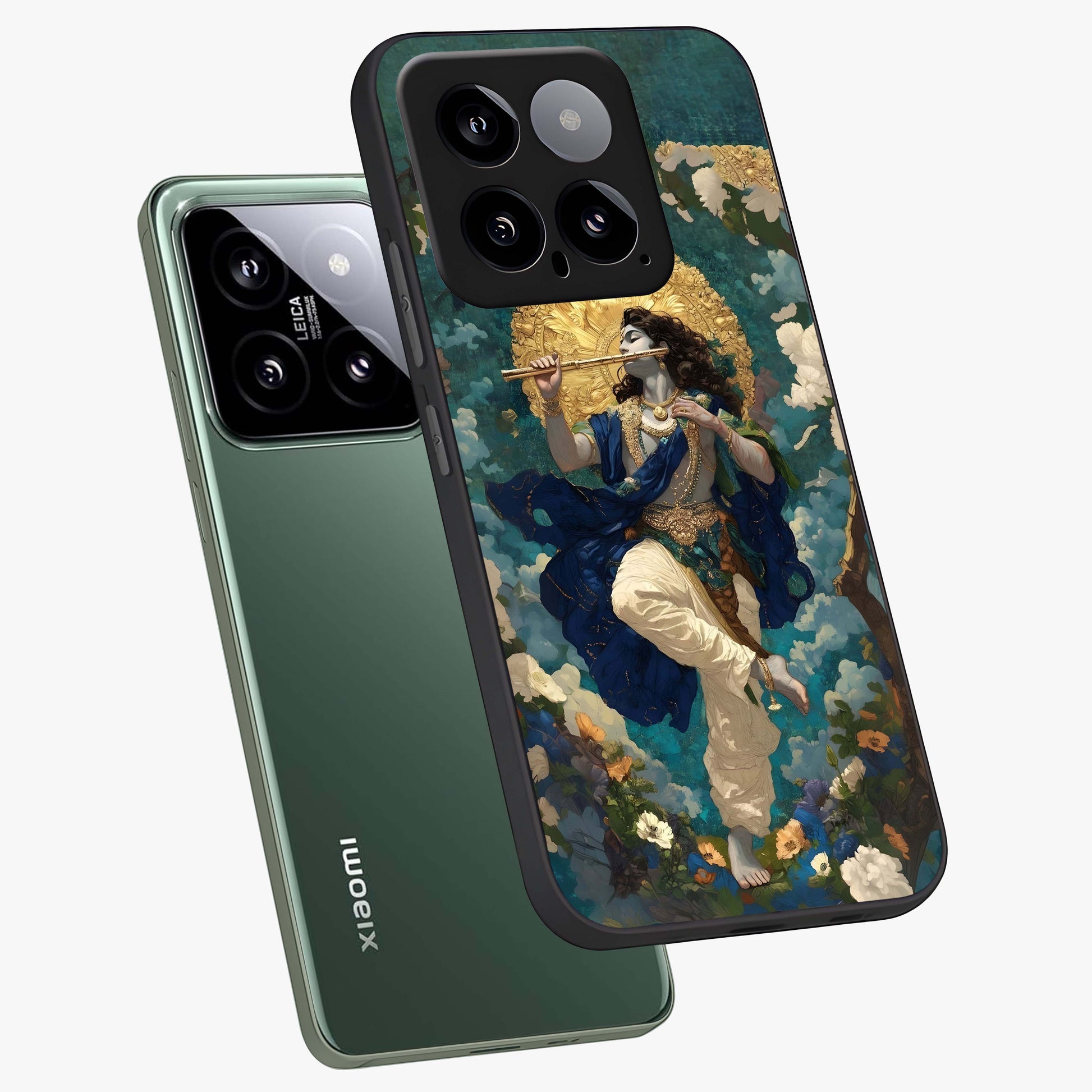 Divine Krishna Art Glass Case displayed in angled mockup highlighting spiritual Krishna illustration with devotional aesthetic.