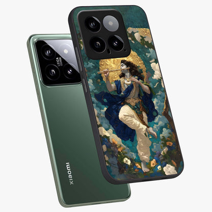 Divine Krishna Art Glass Case displayed in angled mockup highlighting spiritual Krishna illustration with devotional aesthetic.