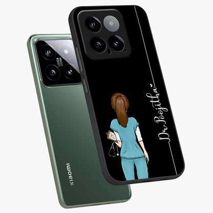 Doctor Pattern Custom Name Glass Case displayed in angled mockup highlighting doctor inspired artwork with custom name feature.
