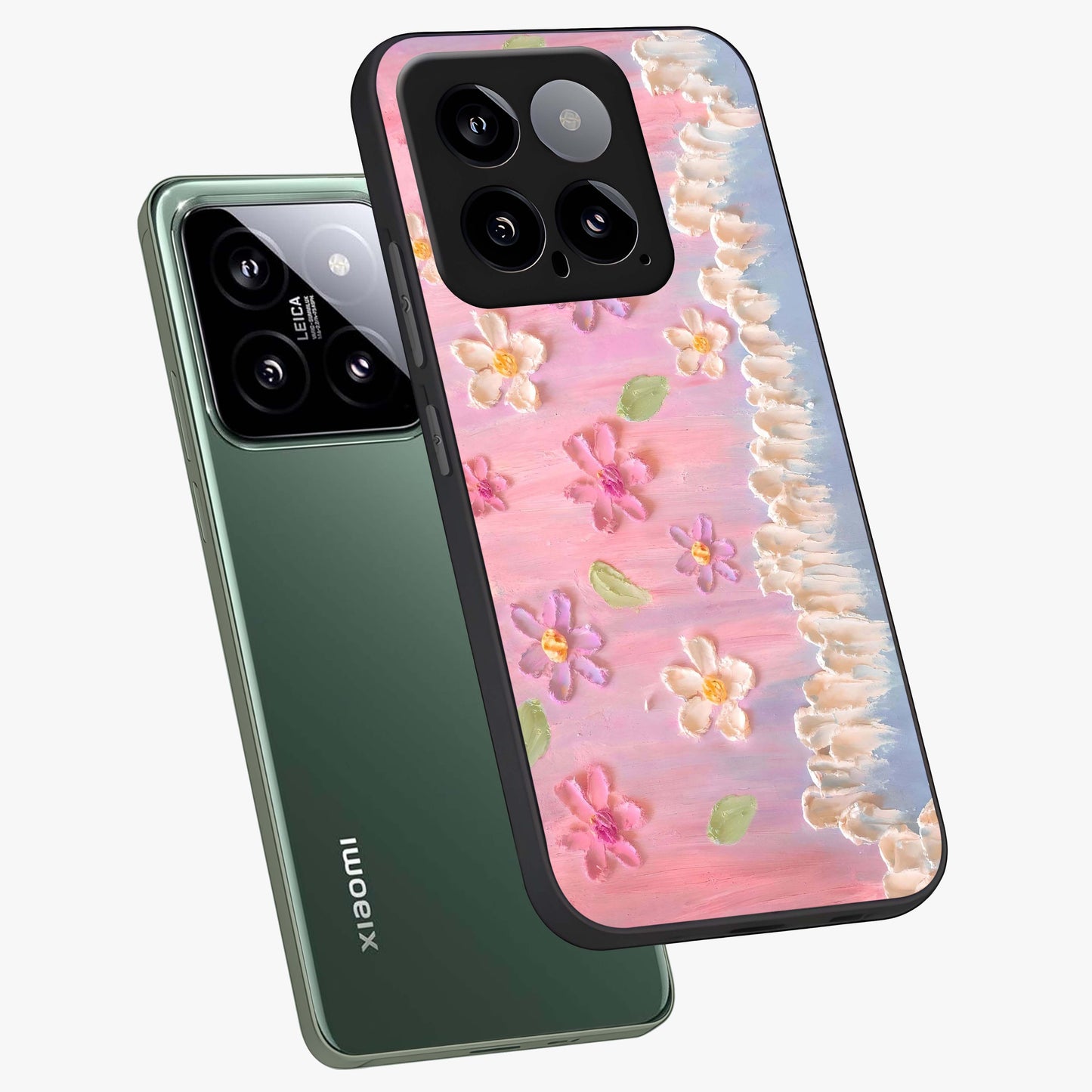 Dreamy Painted Garden Glass Case displayed in angled mockup highlighting colorful garden illustration with dreamy aesthetic style.