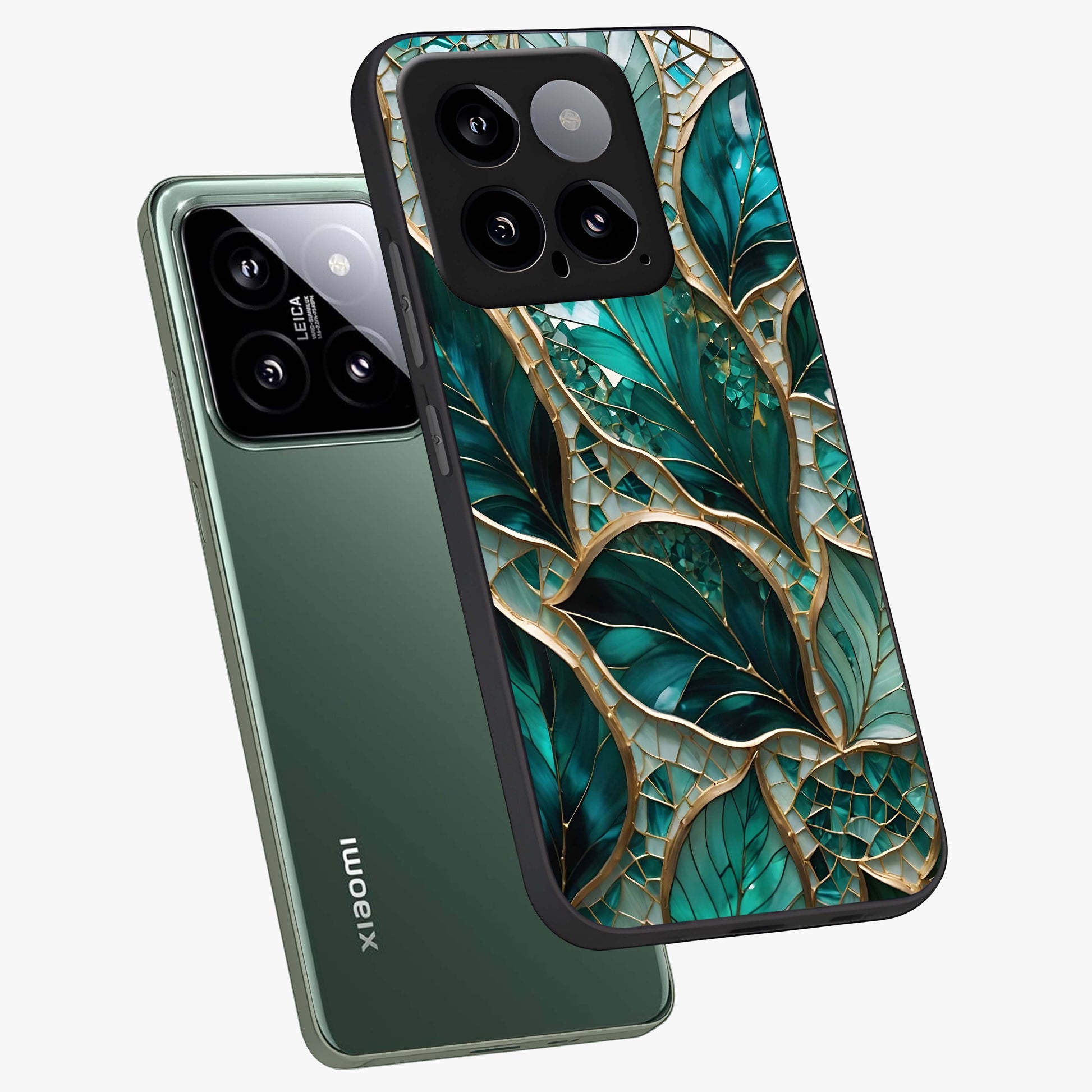 Emerald Leaf Glass Glass Case displayed in angled mockup highlighting botanical leaf illustration with elegant natural aesthetic.